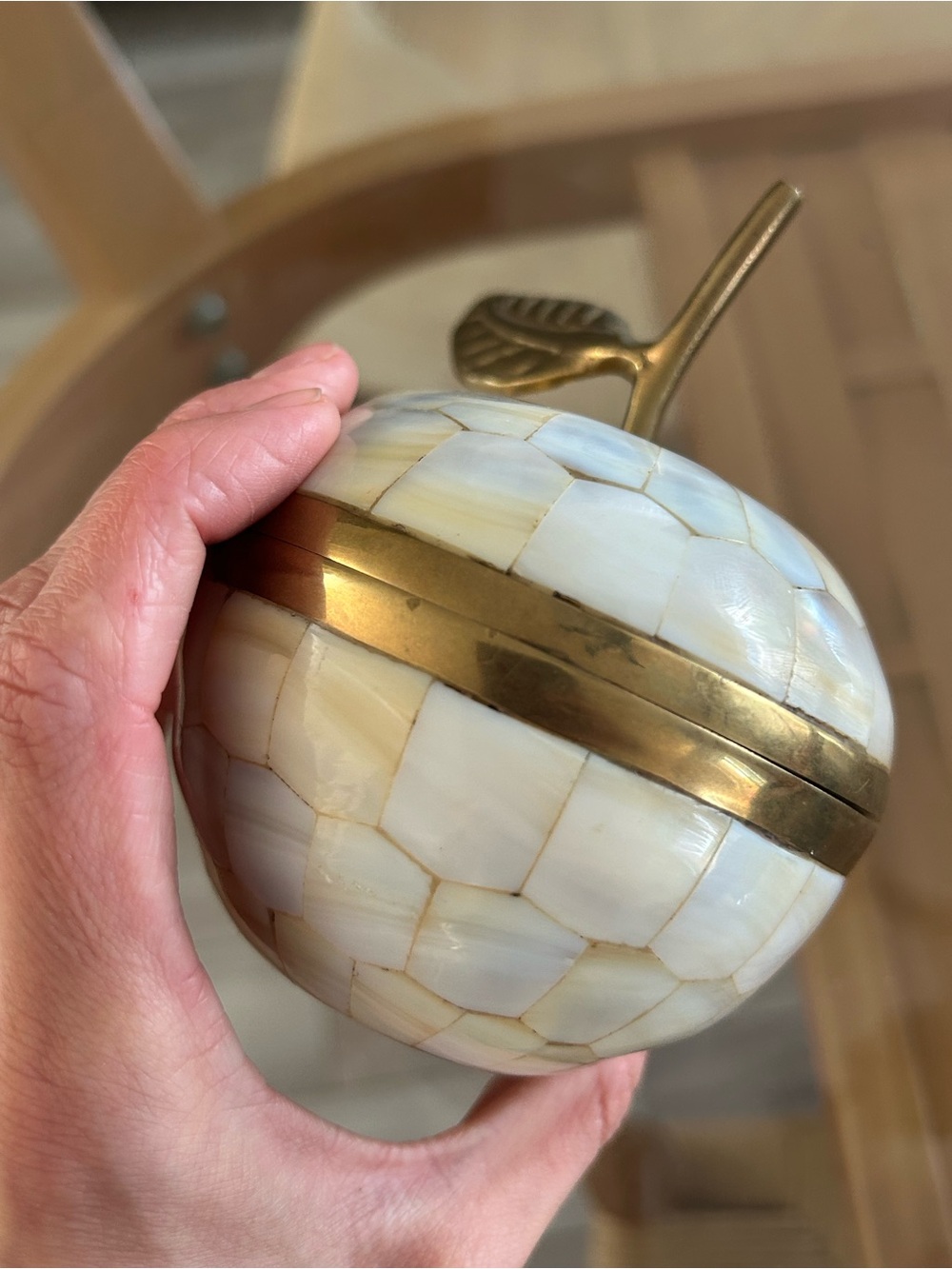 Decorative Mother of Pearl Apple Trinket Box with Brass Accents - Picture 8 of 16